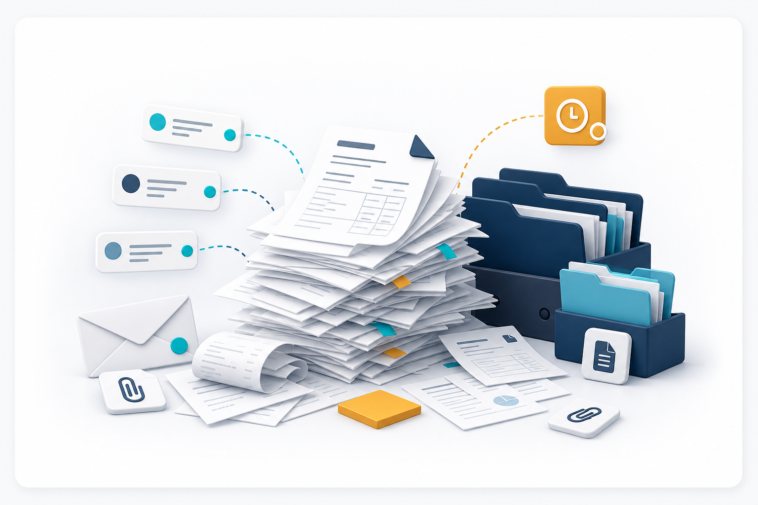 Ilustração de documentos soltos, notificações e pastas desorganizadas representando a rotina manual do escritório.